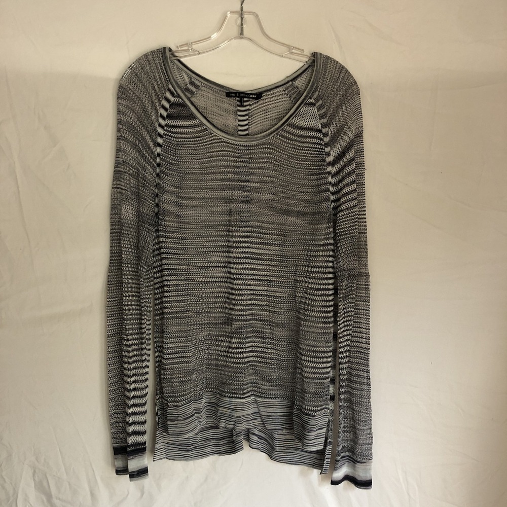 Rag & Bone /JEAN Top Womens Large Gray Stripe Open Knit Sheer Lightweight